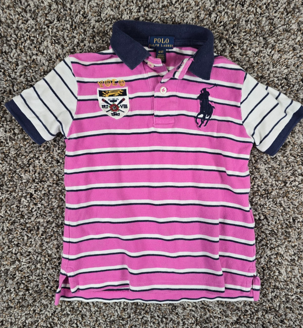 Polo Ralph Lauren Boy’s Sz 4T Big Pony Crest Stripe Polo Shirt Pink & Black